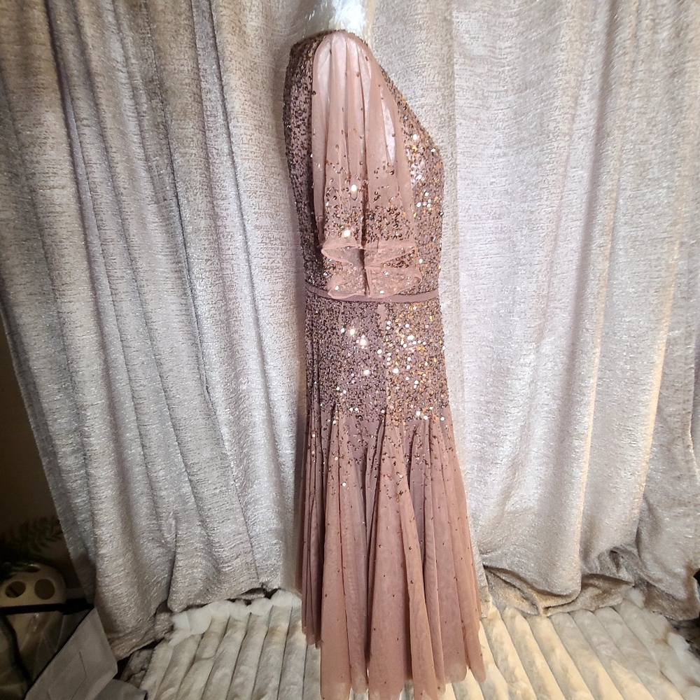 Mac‎ Duggal 93655 Rosewood Cape Sleeve Beaded Tea Length A-Line Midi Dress Sz 10 - Picture 5 of 11